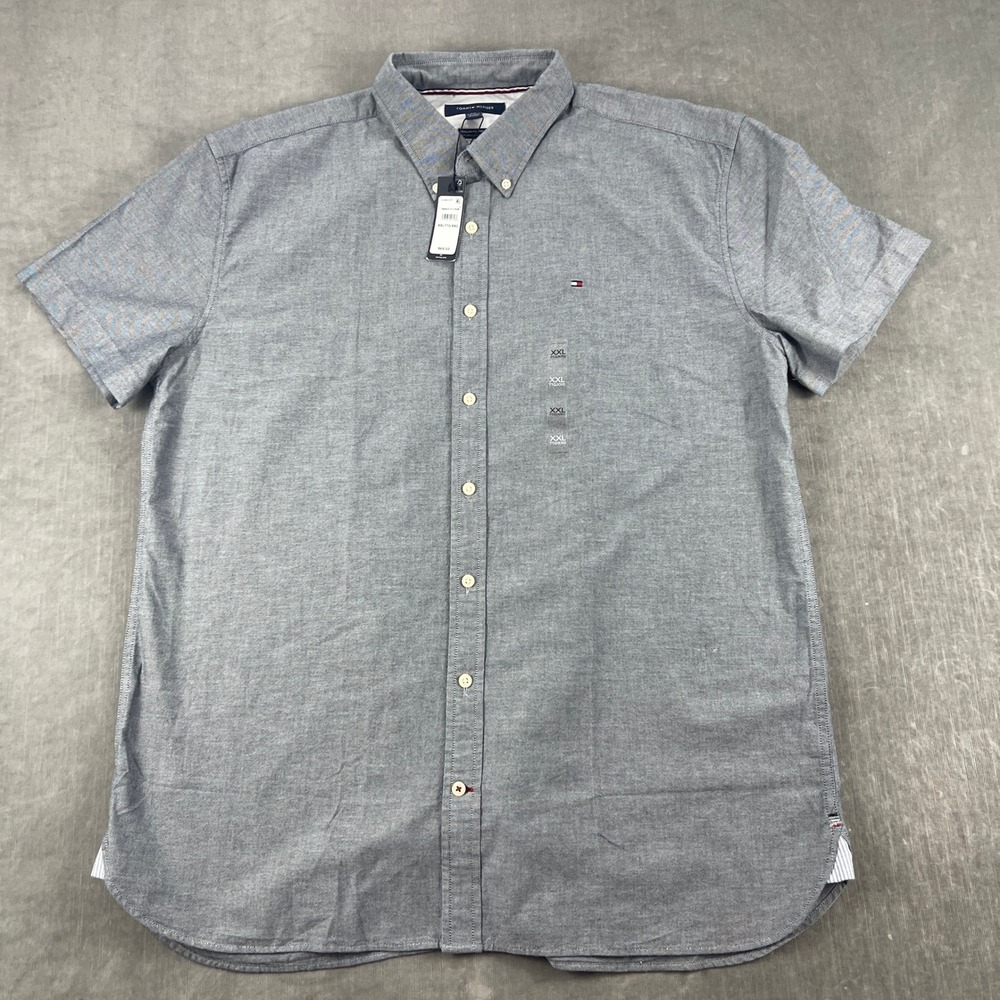 Tommy Hilfiger Mens XXL Grey Short Sleeve Button Down Regular Fit Stretch Shirt